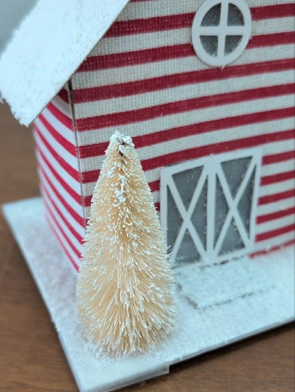 QVC Red & White Striped Snowy Holiday Barn Decor